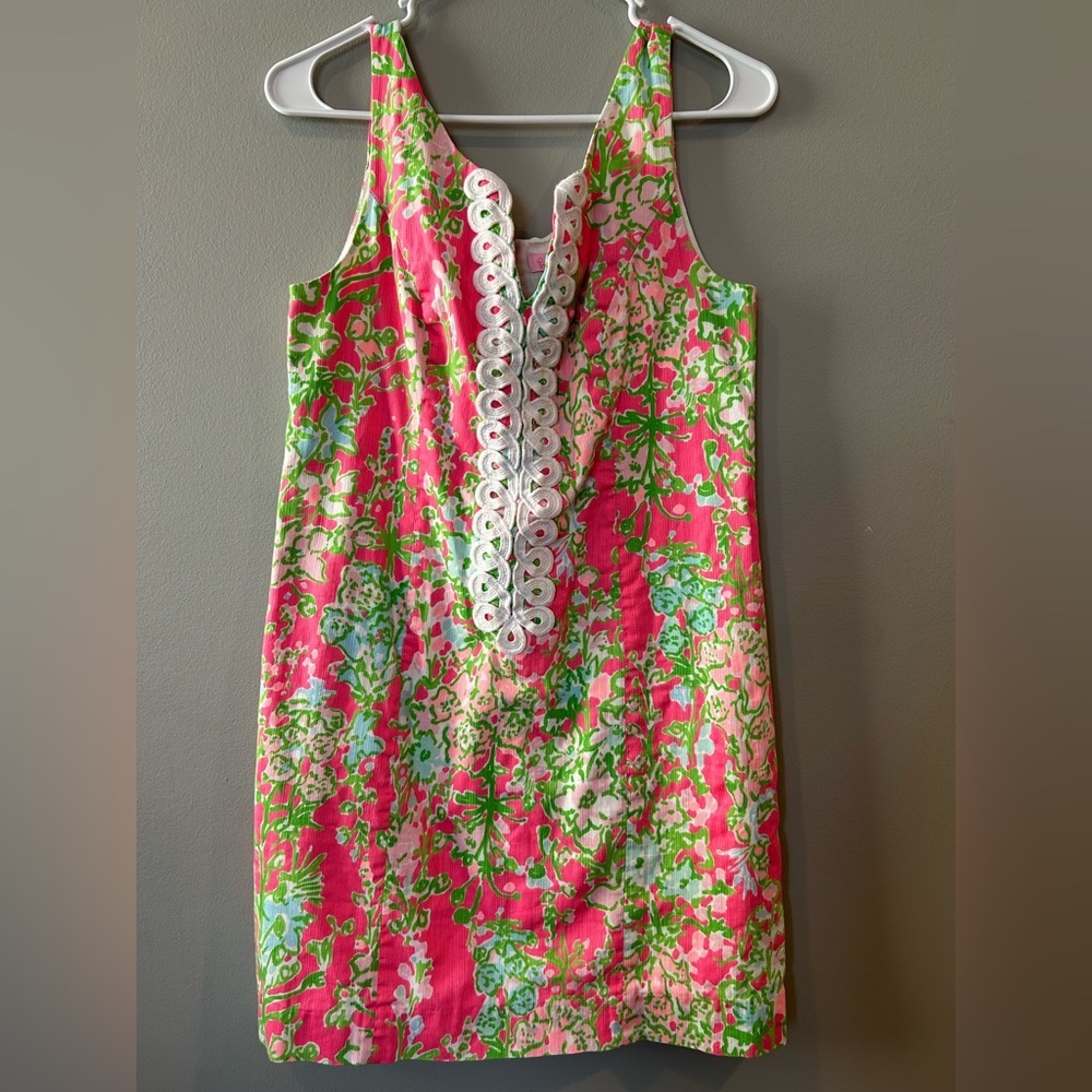 Bright Pink Floral Shift Dress with White Lace Trim